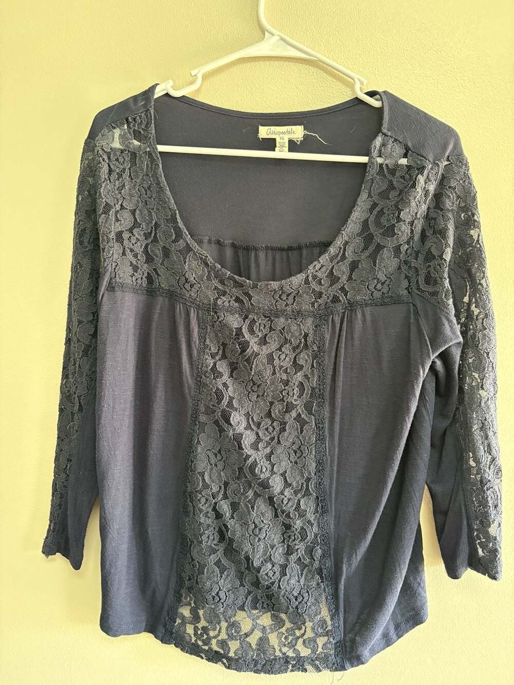 Aeropostale Navy Blue Lace Sleeve and Front Inset Peasant Top Size XL